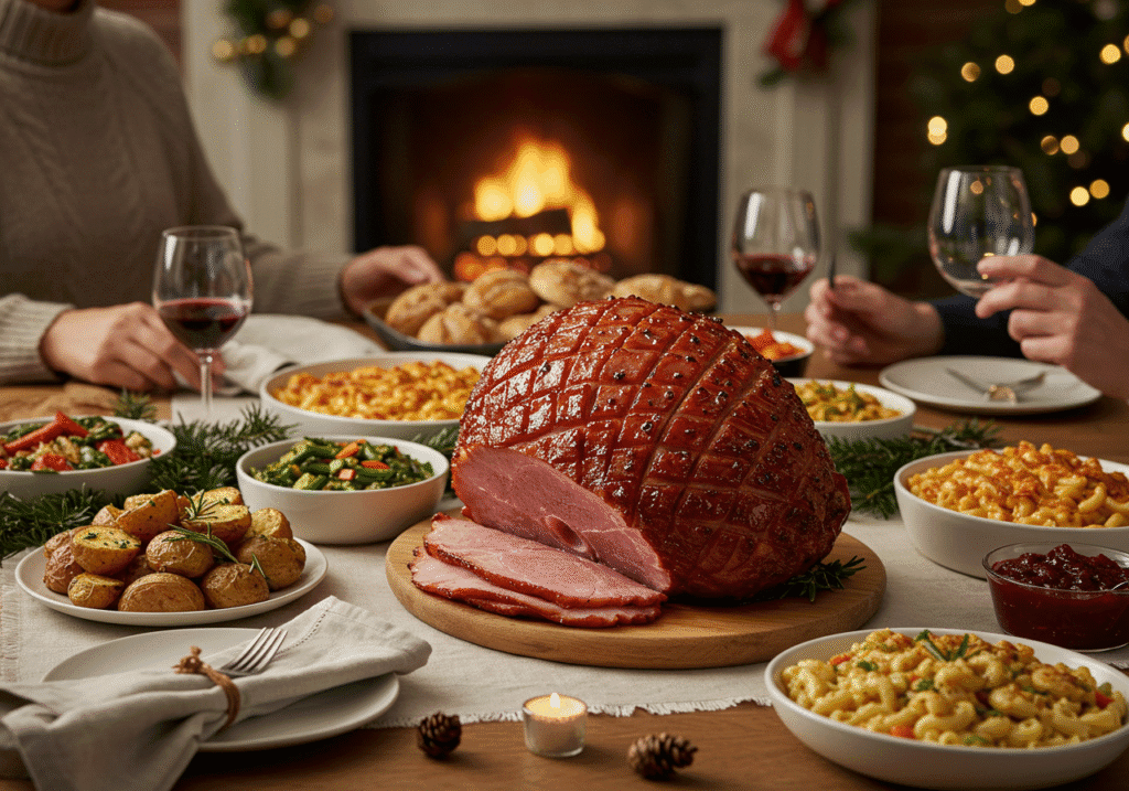 Holiday table with slow cooker ham centerpiece
