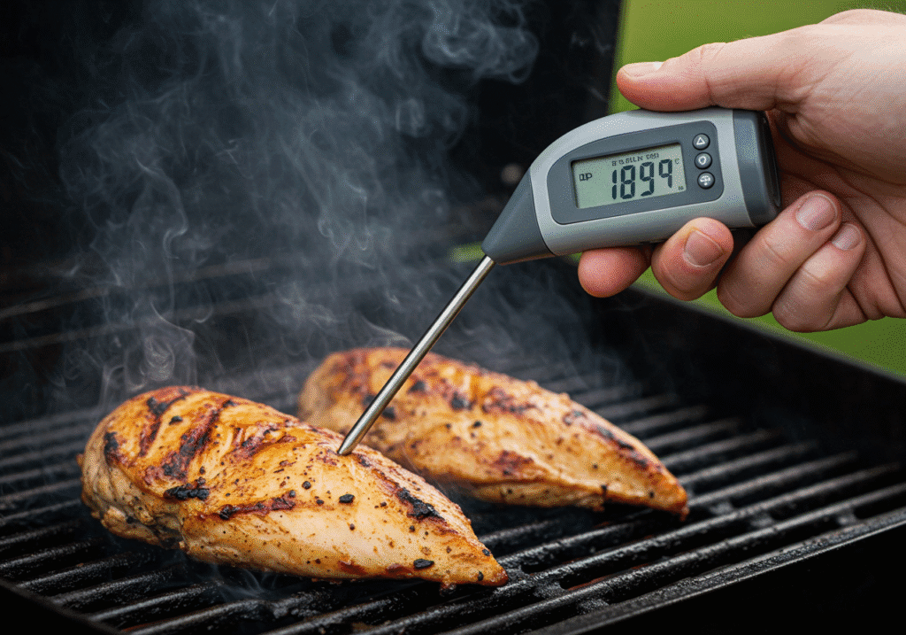 Checking Chicken Cook internal temperature with digital thermometer