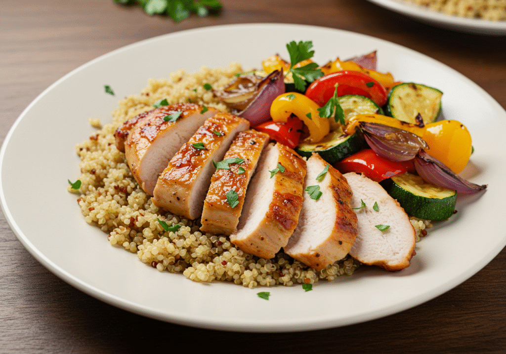 Perfectly cooked chicken breast with roasted vegetables