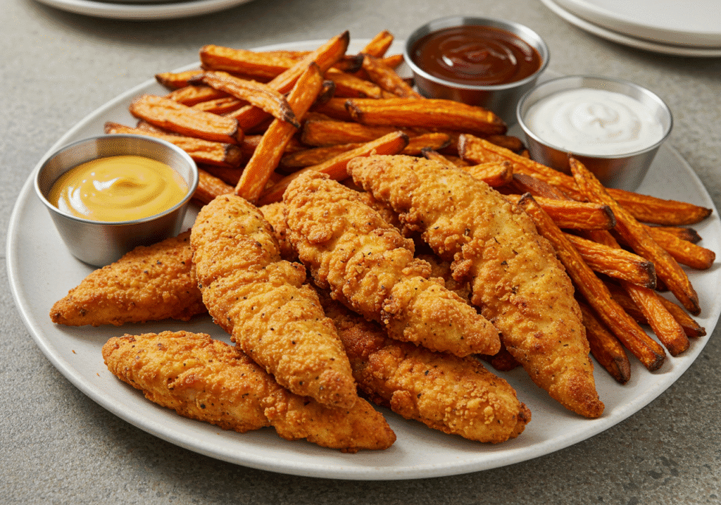 Air fryer chicken tenders served with various dipping sauces
