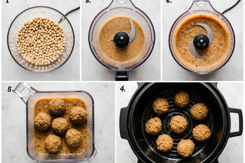 Sequential air fryer falafel preparation stages