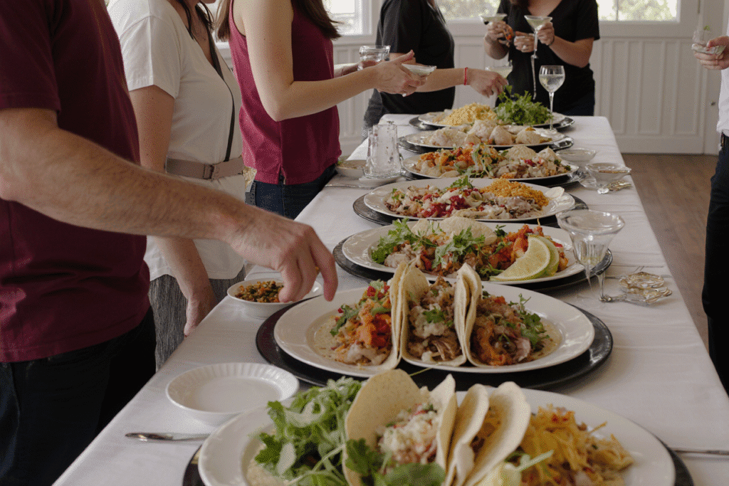 Taco bar setup with turkey taco options