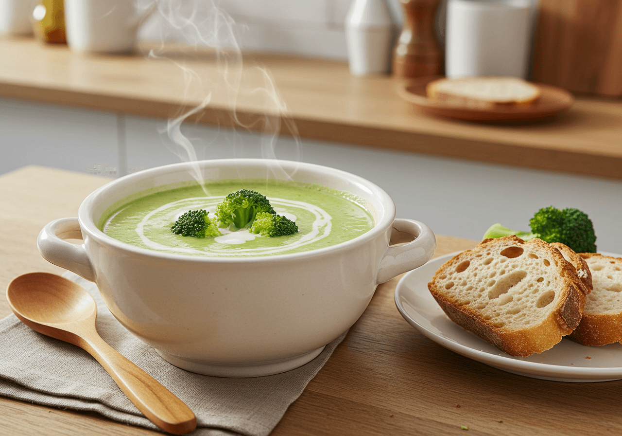 Creamy broccoli soup served in a rustic white bowl with steam rising, topped with fresh broccoli florets and served with crusty bread on the side.