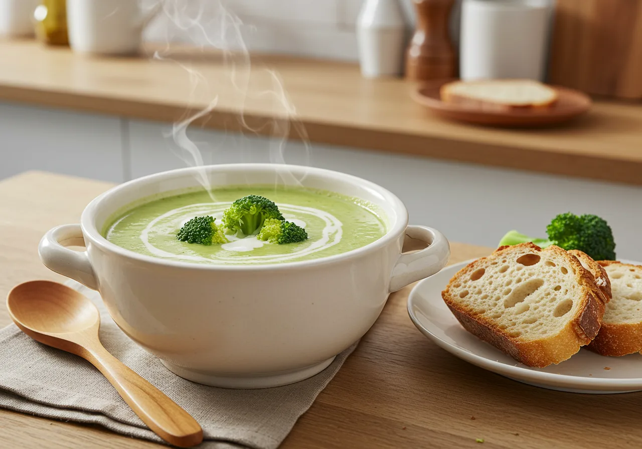 Creamy broccoli soup served in a rustic white bowl with steam rising, topped with fresh broccoli florets and served with crusty bread on the side.
