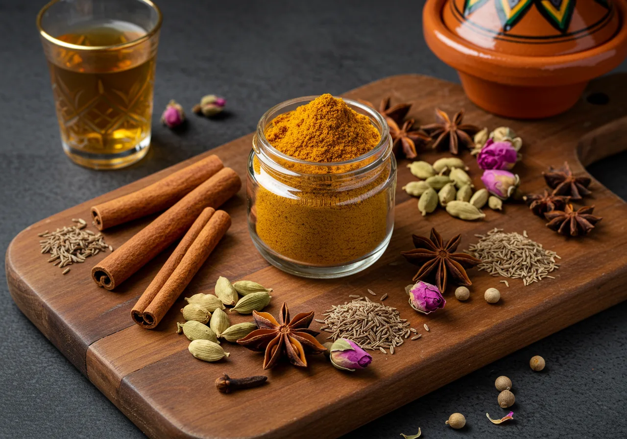 A beautifully styled overhead shot of homemade Moroccan spice mix, showing a glass jar filled with golden Ras el Hanout alongside whole cinnamon sticks, cardamom pods, and star anise on a wooden board, with traditional Moroccan tea glasses in the background.