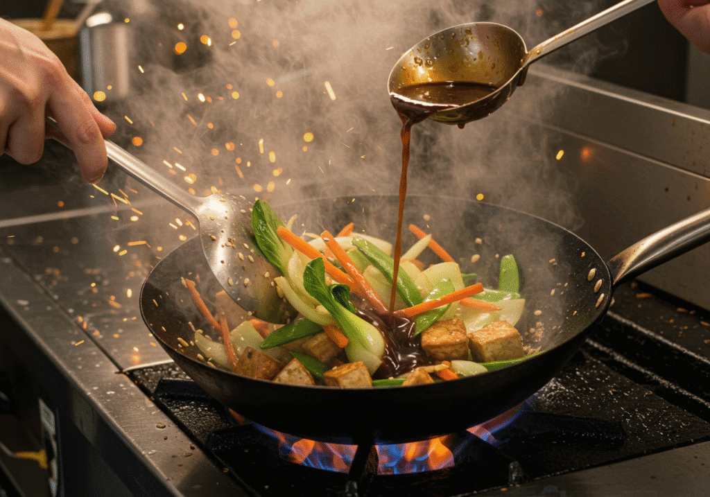 Stir-fry cooking with sauce integration