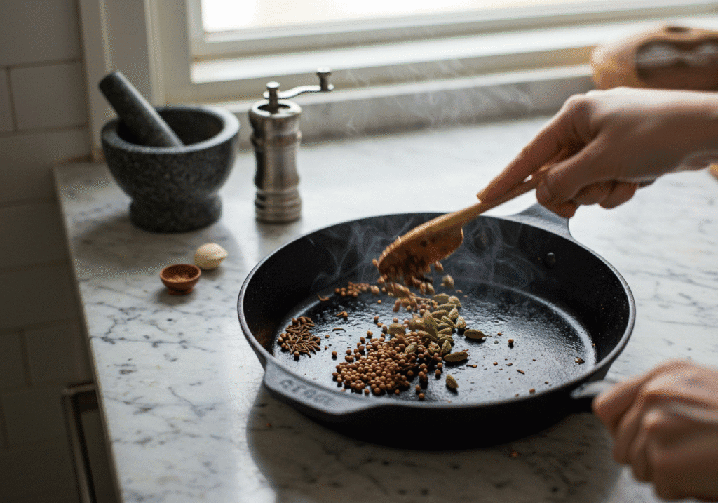 Toasting whole spices in a skillet for homemade Moroccan spice blend, demonstrating the key preparation step.