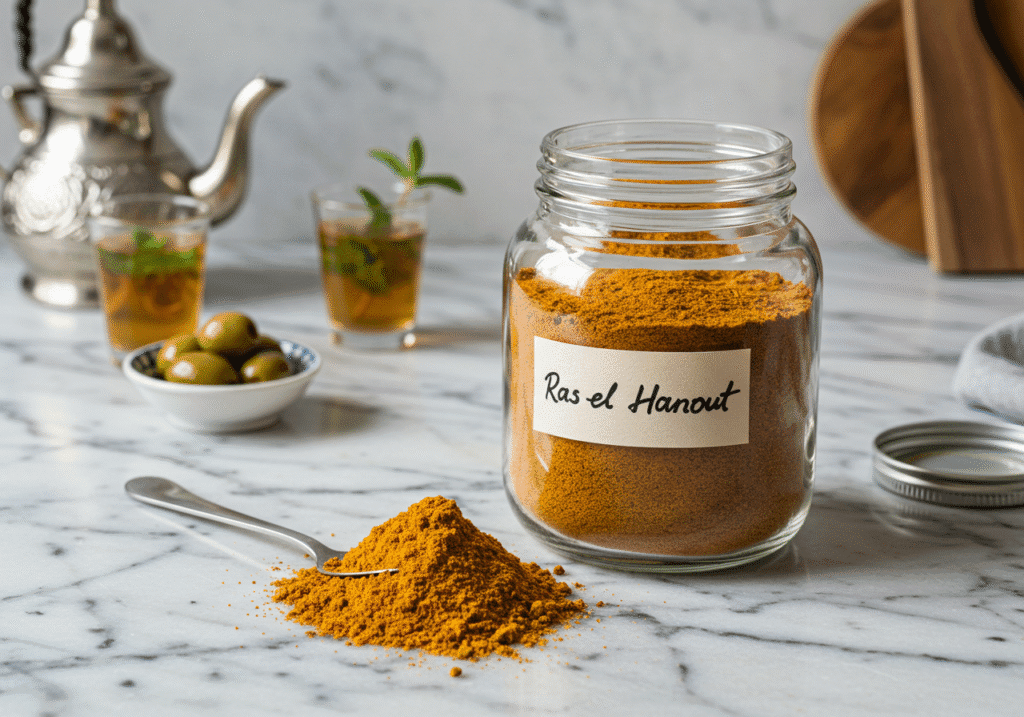 Finished homemade Moroccan spice mix in a glass jar with label
