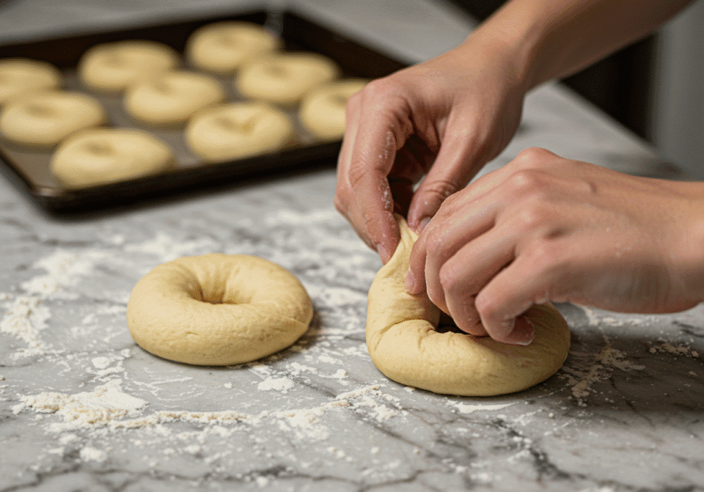 Hands demonstrating how to shape bagel dough into rings on floured surface during preparation