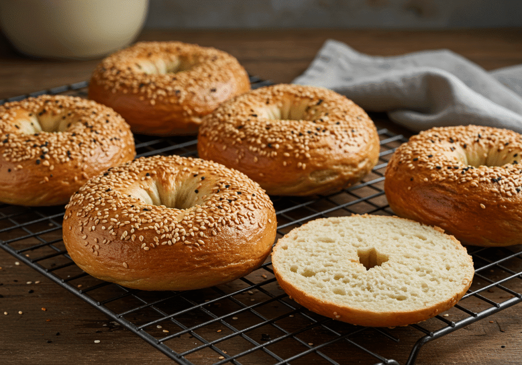 Freshly baked homemade bagels with various toppings cooling on wire rack, showing perfect golden crust and airy interior.