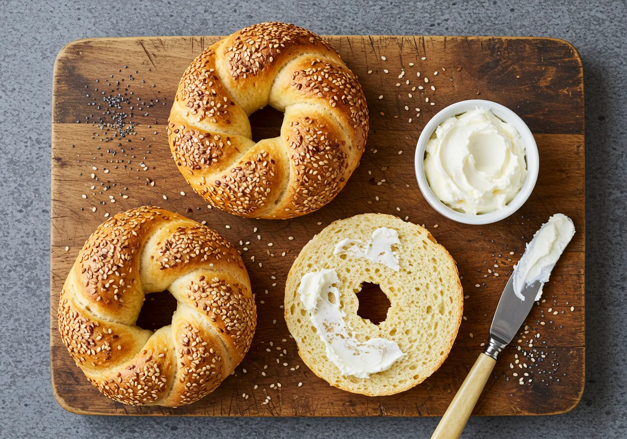 Freshly baked homemade bagels with golden crust, sliced open to show soft interior, arranged on wooden board with toppings.