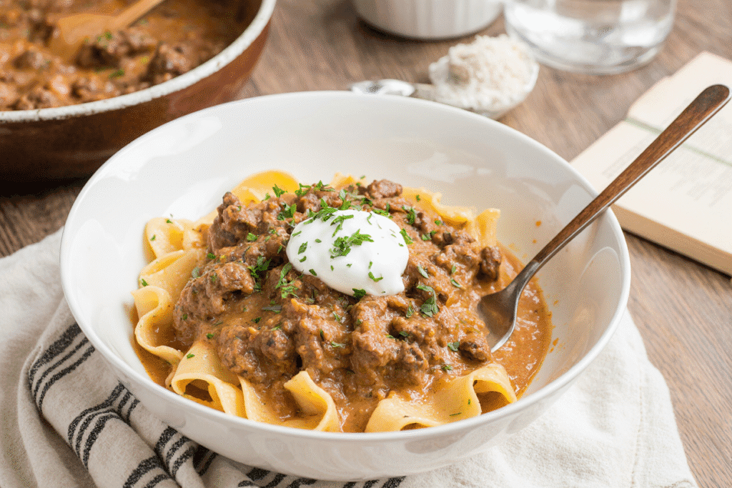 A close-up of the finished creamy ground beef stroganoff, a delicious and hearty ground beef slow cooker recipe served in a bowl
