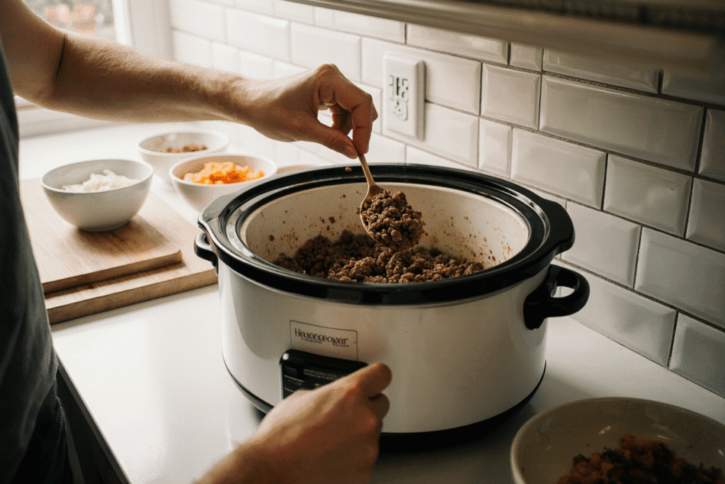 A person's hands adding browned ground beef to a slow cooker, demonstrating the simple first step for a slow cooker recipe.