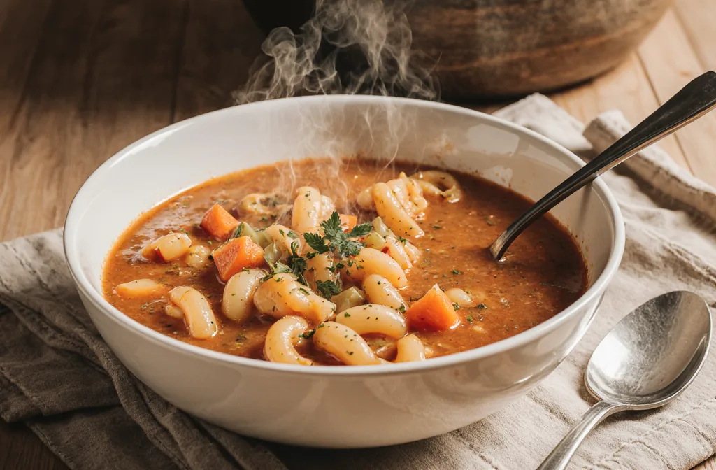 Steaming bowl of macaroni soup