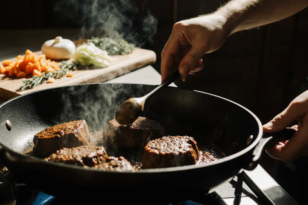 Searing oxtail pieces in a cast iron skillet to develop flavor before slow cooking, showing perfect browning.