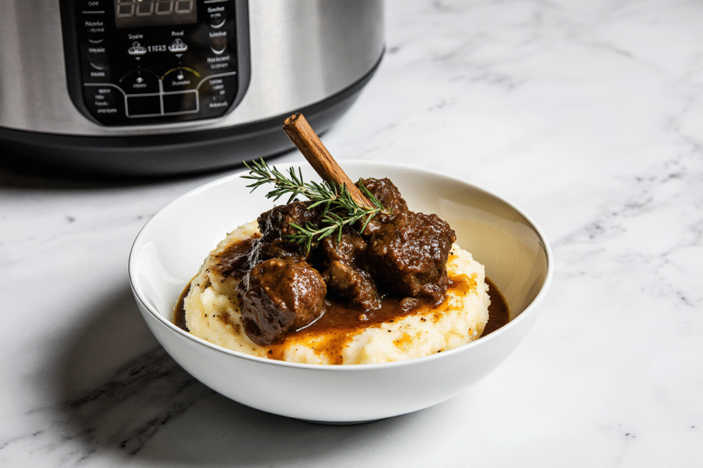 Finished slow cooker oxtail stew served over mashed potatoes, showing fall-off-the-bone tender meat in rich sauce.