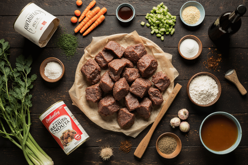 Ingredients for slow cooker oxtail recipe including oxtail pieces, fresh vegetables, broth and seasonings arranged on wooden surface.