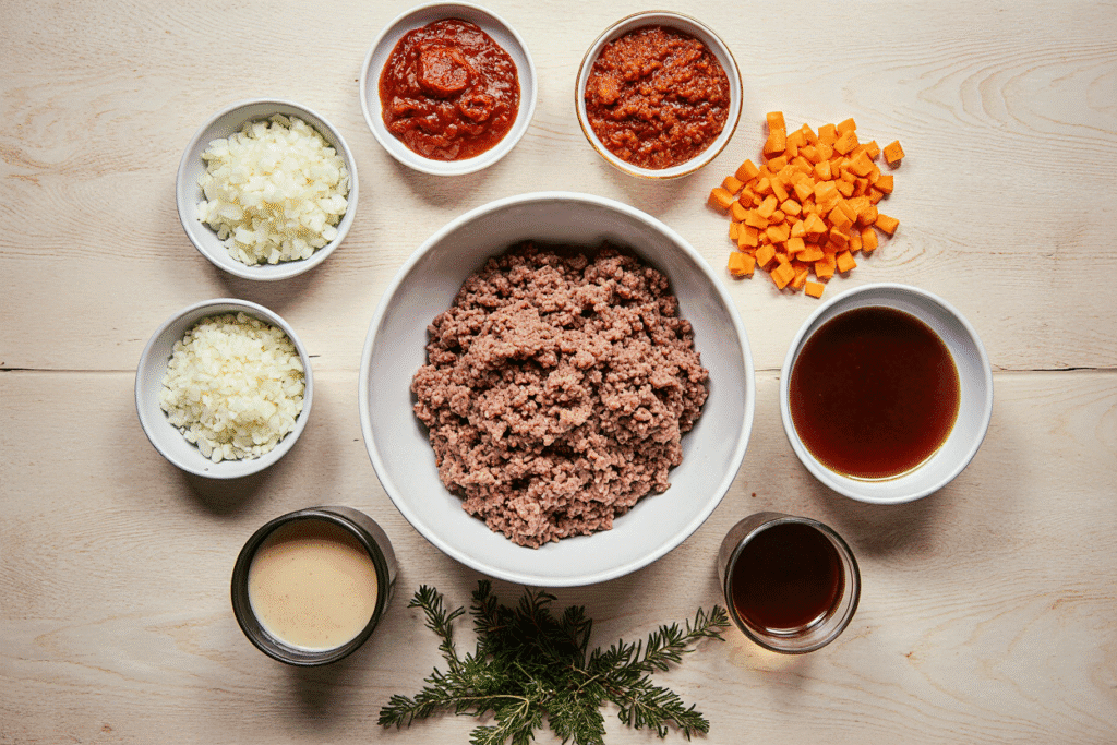 Neatly arranged raw ingredients for an easy ground beef slow cooker recipe, including beef, vegetables, and canned goods.