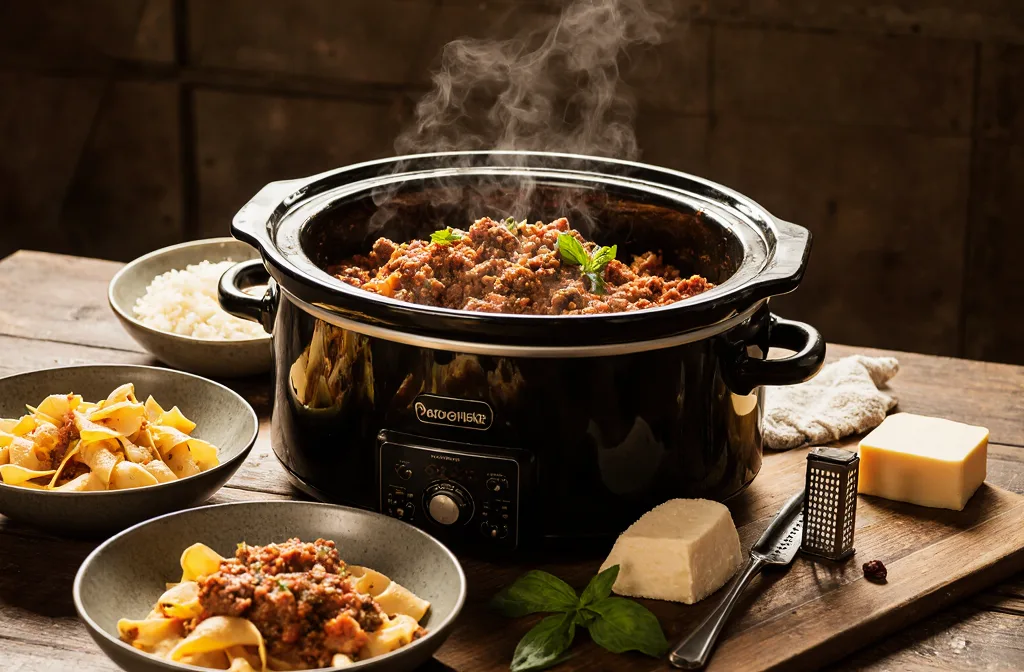 A comforting serving of a rich ground beef slow cooker recipe, featuring Bolognese sauce over pasta in a cozy dining setting.