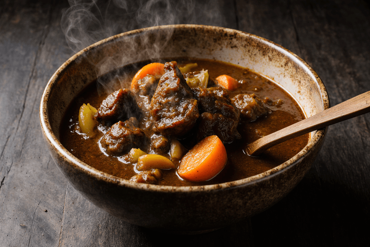 Hearty slow cooker oxtail stew in a ceramic bowl, showing tender meat falling off the bone in rich gravy with vegetables.