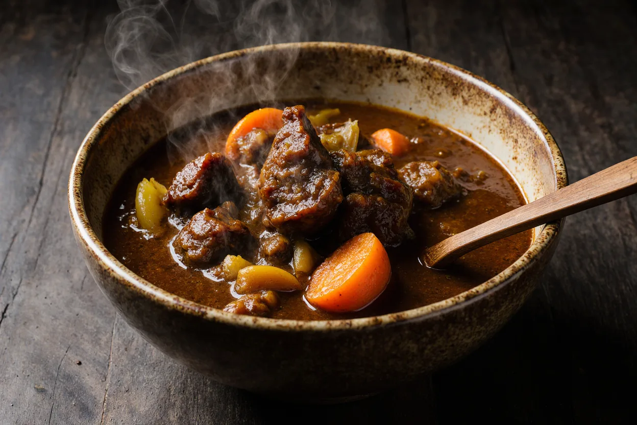 Hearty slow cooker oxtail stew in a ceramic bowl, showing tender meat falling off the bone in rich gravy with vegetables.