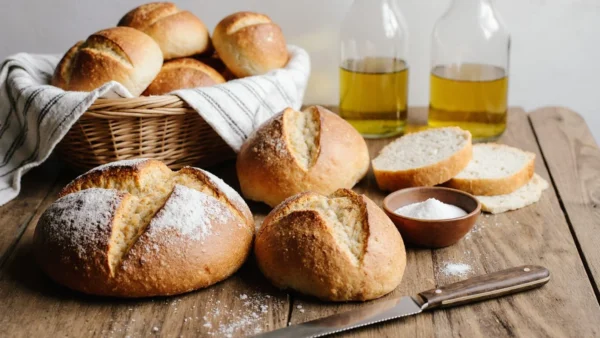 A rustic wooden board holding a freshly baked artisan loaf, a perfect sandwich bread loaf, and warm dinner rolls, with a bread knife and flour sack cloth.