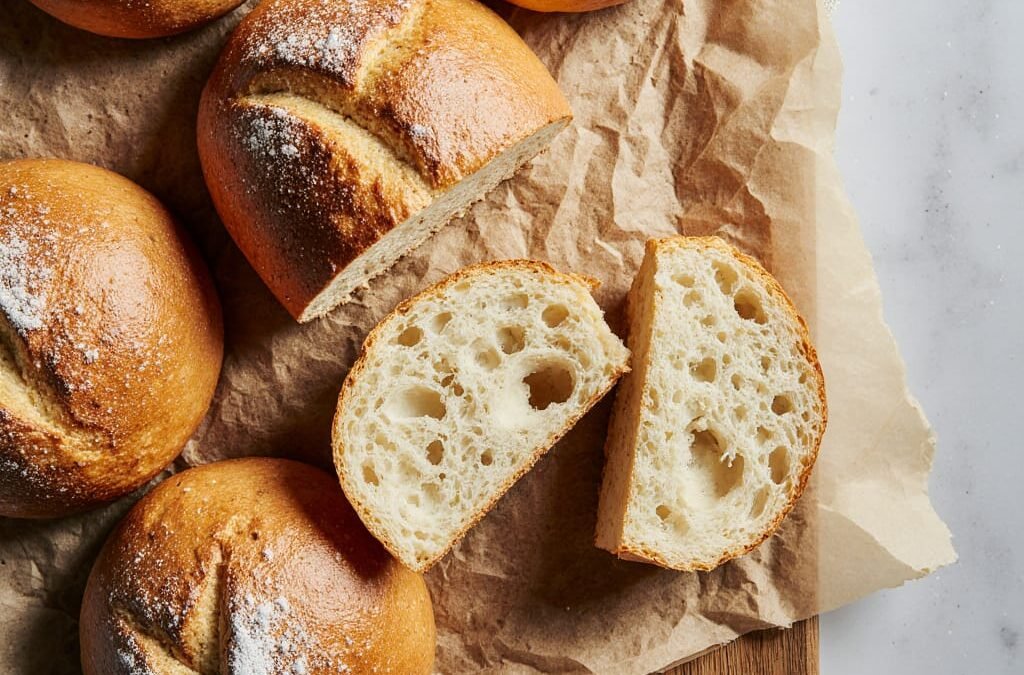Mini sourdough boules baked until golden brown with a crusty exterior.