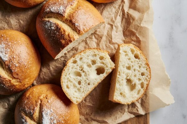 Mini sourdough boules baked until golden brown with a crusty exterior.