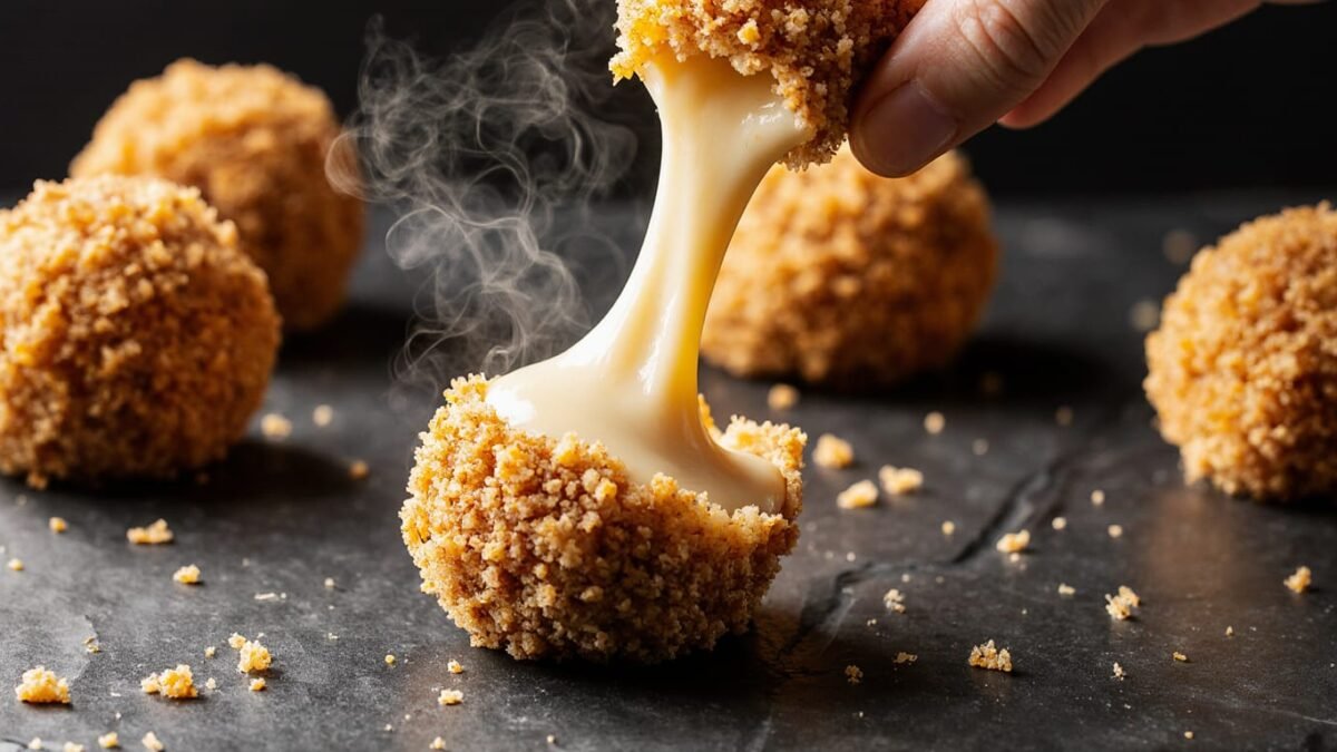 Close-up of a crispy air fryer triple cheese ball with a long, stretchy molten cheese pull, revealing the gooey interior.