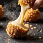 Close-up of a crispy air fryer triple cheese ball with a long, stretchy molten cheese pull, revealing the gooey interior.
