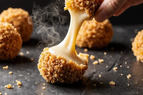 Close-up of a crispy air fryer triple cheese ball with a long, stretchy molten cheese pull, revealing the gooey interior.