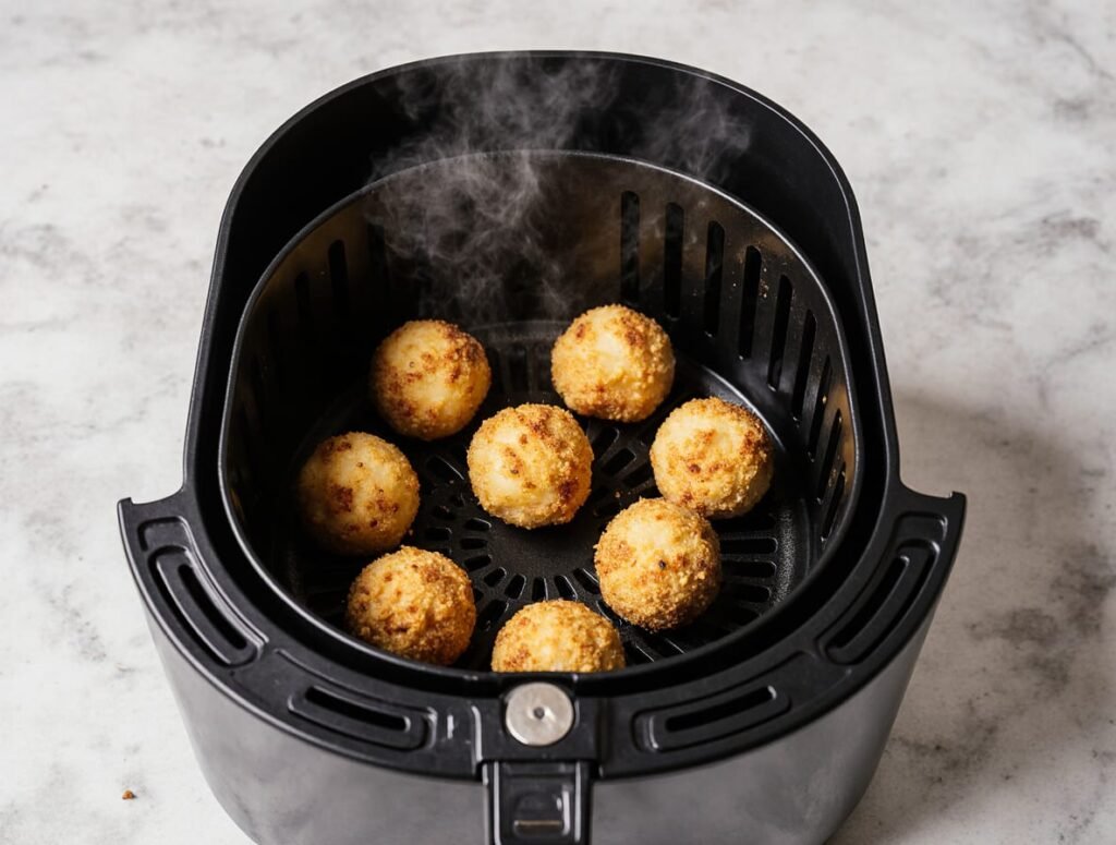 Golden-brown Air Fryer Triple Cheese Balls cooking to crispy perfection inside an air fryer basket.