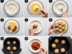 Hands rolling homemade cheese ball mixture into a sphere before coating in crispy panko breadcrumbs.