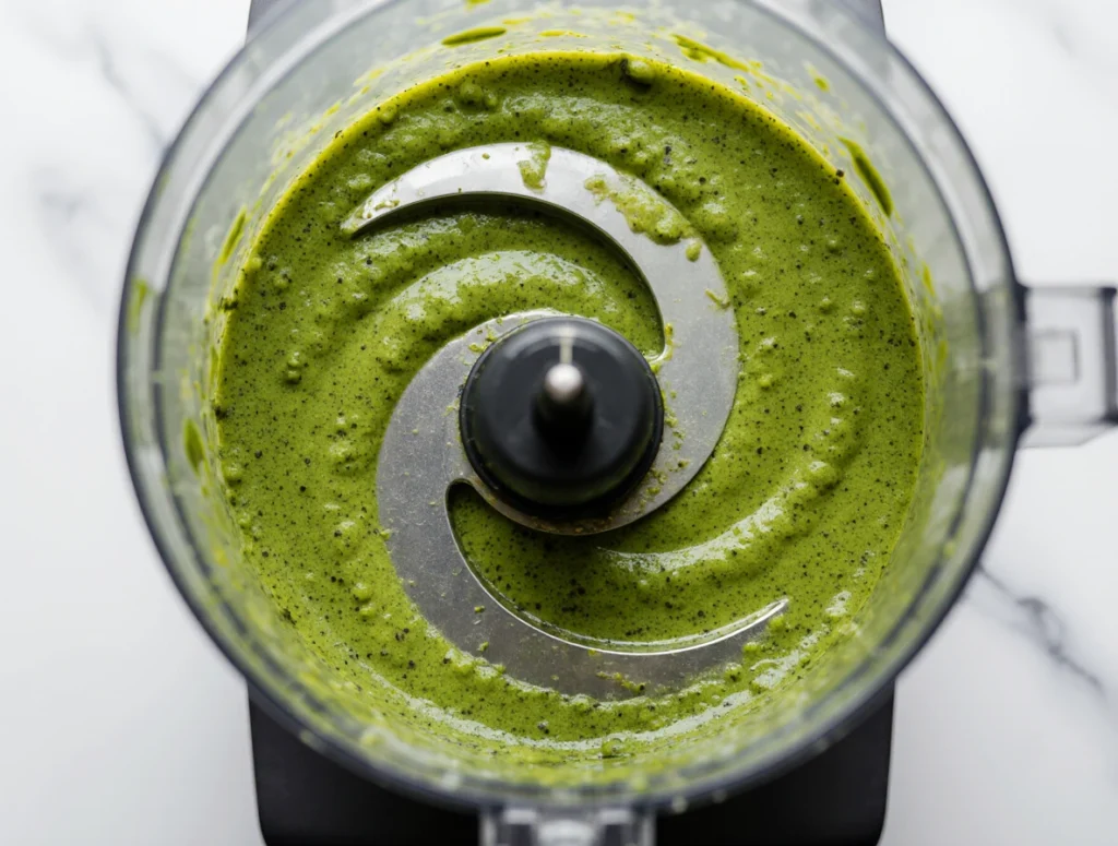 Blending the ingredients until smooth, adding water gradually to achieve the perfect consistency for Easy Zhoug Sauce.