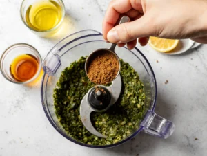 Adding ground cumin, coriander, olive oil, and lemon juice to the chopped herbs for homemade Zhoug Sauce.