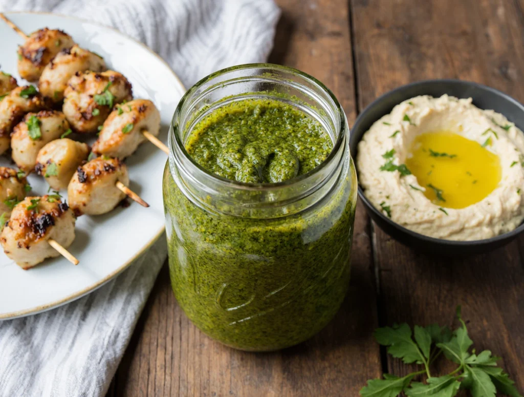A jar of homemade Easy Zhoug Sauce served alongside grilled chicken skewers and hummus, showcasing how to enjoy this versatile Middle Eastern condiment.