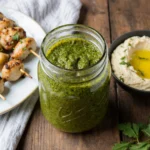 A jar of homemade Easy Zhoug Sauce served alongside grilled chicken skewers and hummus, showcasing how to enjoy this versatile Middle Eastern condiment.