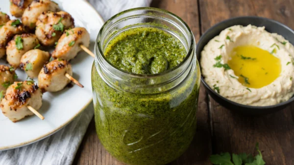 A jar of homemade Easy Zhoug Sauce served alongside grilled chicken skewers and hummus, showcasing how to enjoy this versatile Middle Eastern condiment.