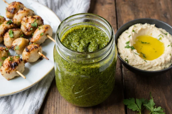 A jar of homemade Easy Zhoug Sauce served alongside grilled chicken skewers and hummus, showcasing how to enjoy this versatile Middle Eastern condiment.
