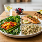 A balanced plate of grilled salmon, quinoa, and colorful vegetables representing a healthy diabetic diet with fresh berries on a modern kitchen counter.