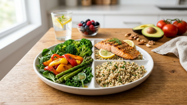 A balanced plate of grilled salmon, quinoa, and colorful vegetables representing a healthy diabetic diet with fresh berries on a modern kitchen counter.