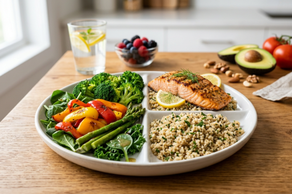 A balanced plate of grilled salmon, quinoa, and colorful vegetables representing a healthy diabetic diet with fresh berries on a modern kitchen counter.