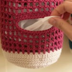 Crochet Kitchen Bag Dispenser in Raspberry and Cream with Flower Cluster