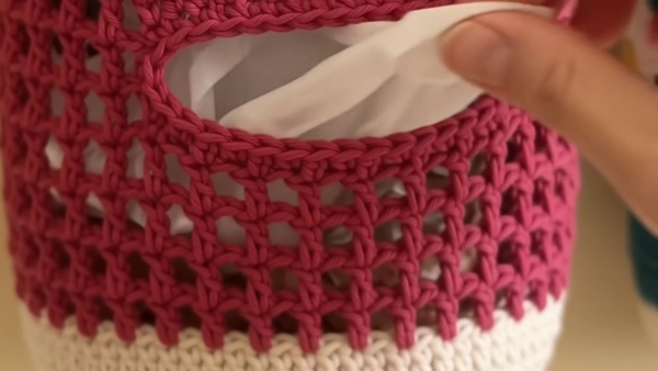 Crochet Kitchen Bag Dispenser in Raspberry and Cream with Flower Cluster