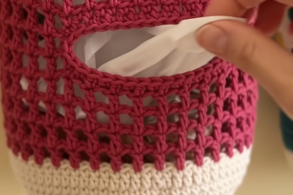 Crochet Kitchen Bag Dispenser in Raspberry and Cream with Flower Cluster