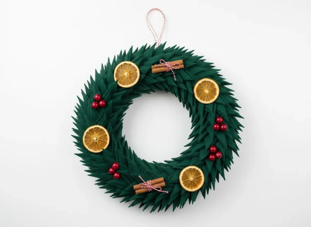 Finished green fabric wreath of forest-green petals with dried orange slices, cinnamon sticks and red berries