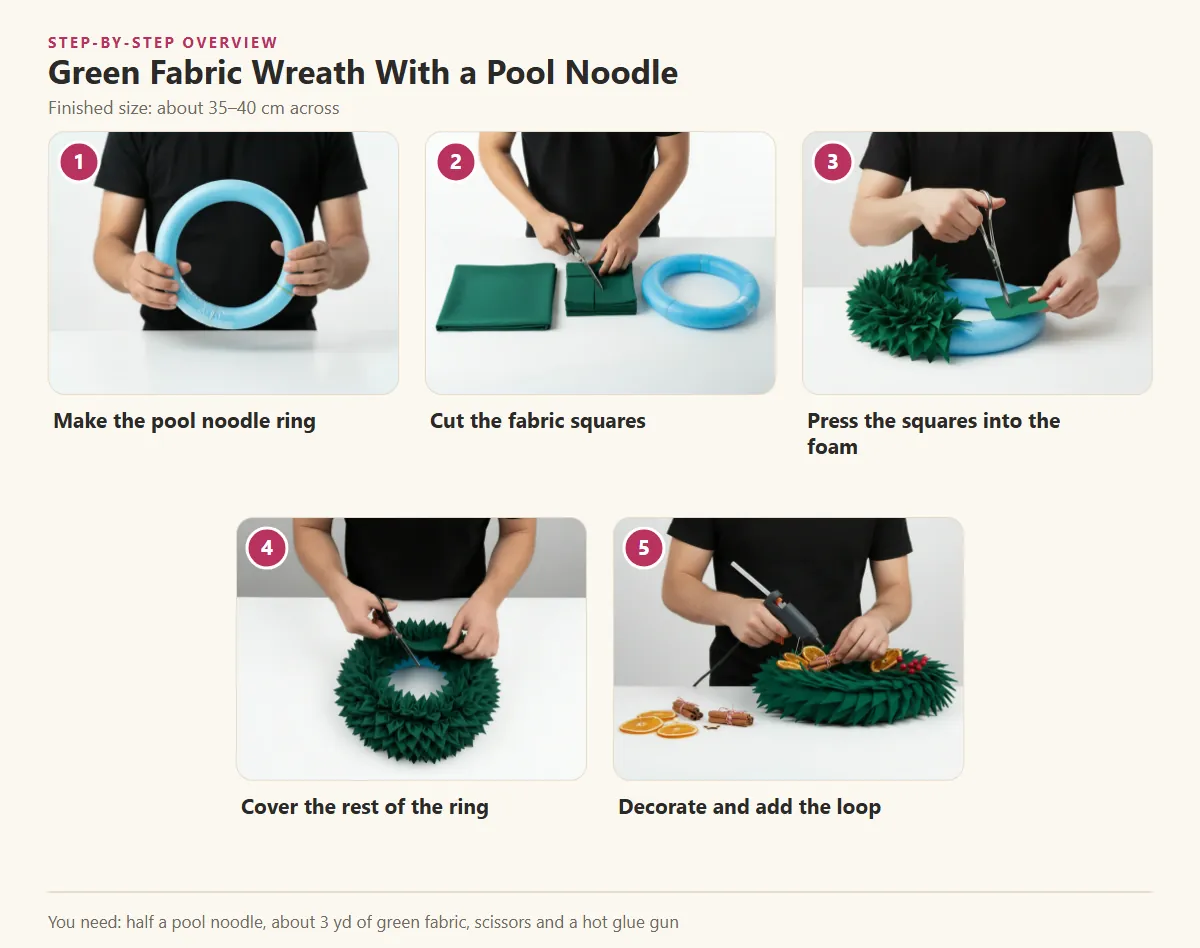 Five steps of the green fabric wreath side by side