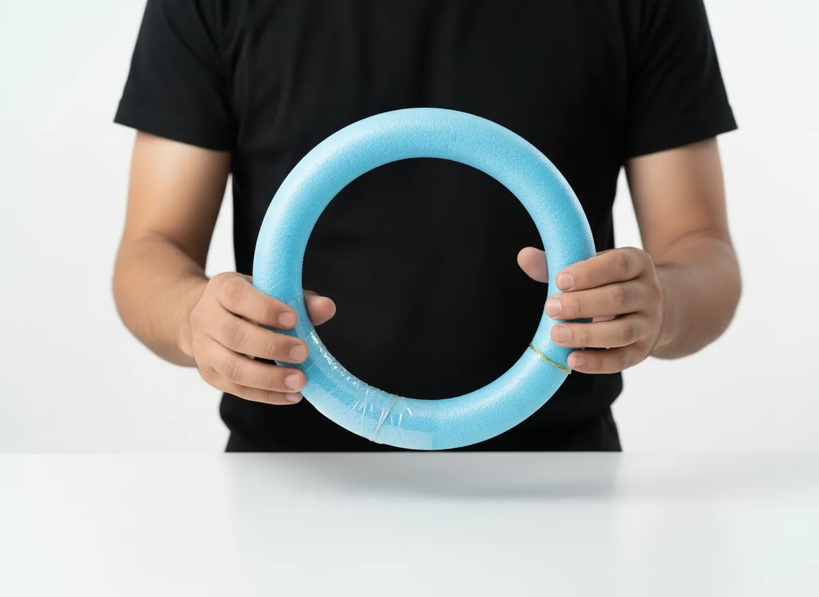 Sky-blue pool noodle bent into a ring and taped together as the base of a green fabric wreath