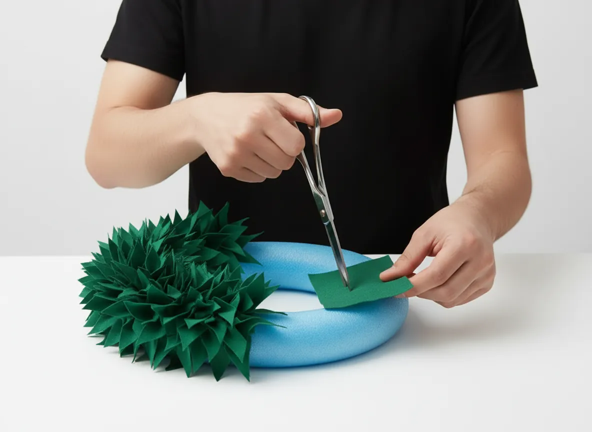 Pressing a green fabric square into the foam ring with the closed tip of the scissors, half of the ring already covered