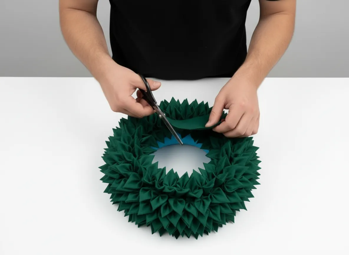 Hands pressing the last green fabric squares into the nearly covered ring